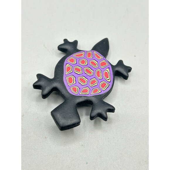 Turtle Shaped Polymer Clay Brooch Pin with Black Purple Colorful Design - Picture 3 of 5